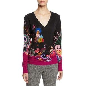 Etro Womens Black Silk Cashmere Blend V-Neck Graphic Print Sweater Size S/M